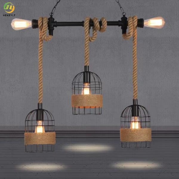 Vintage Metal Cage Glass Crystal Chandelier Hemp Rope Bulb Light