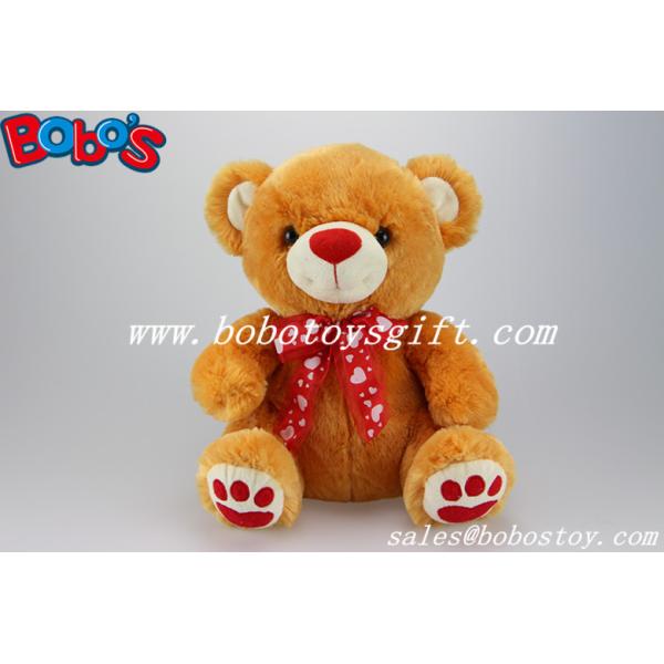 100%Polyester Plush Toy Bear In Brown Color With Red Nose Paw and Ribbon