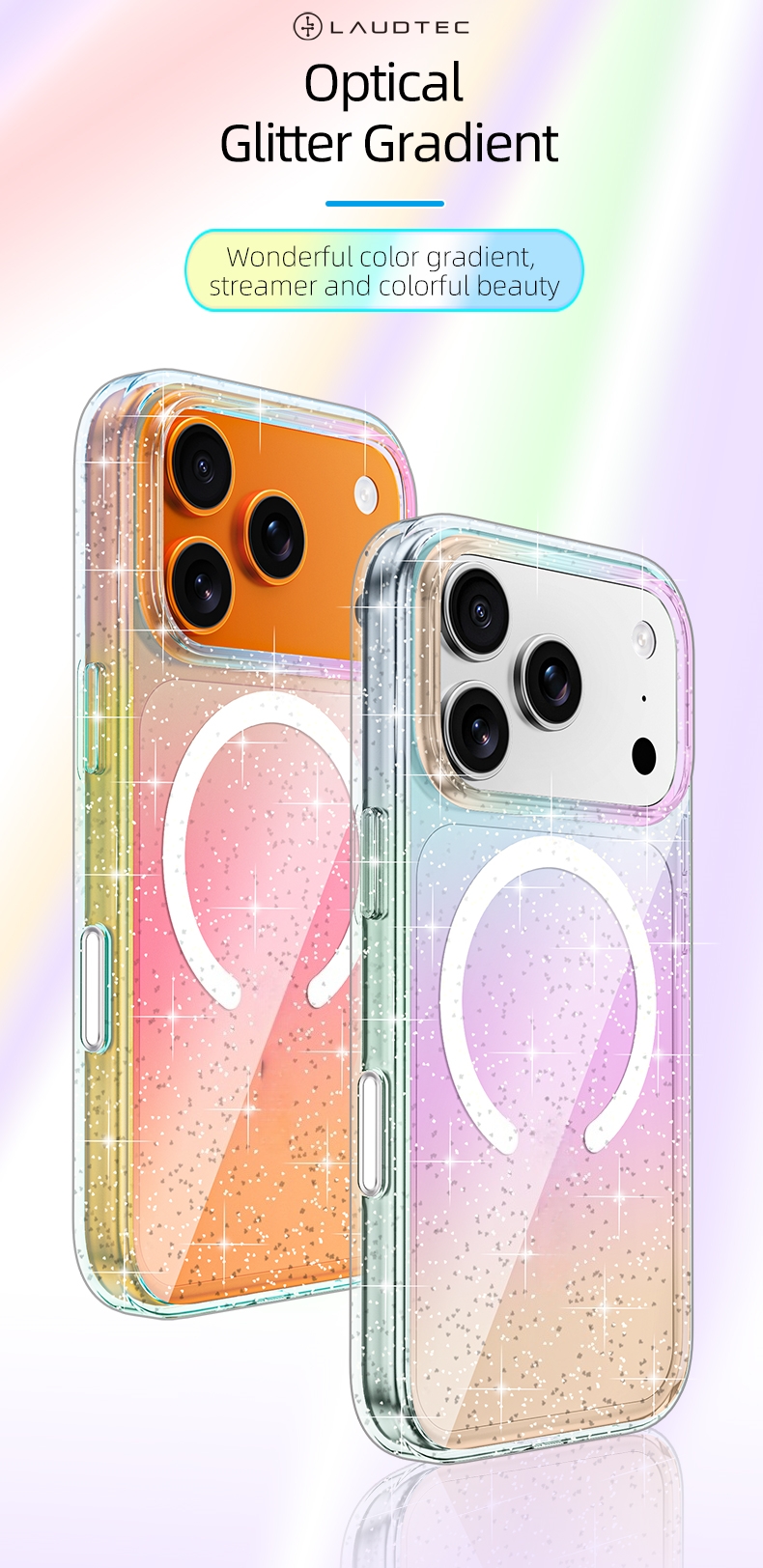 Transparent Magnetic Glitter Ultra-thin Protective case for iPhone 17 Series TPU Shockproof Iridescent Gradient Colors OEM/ODM