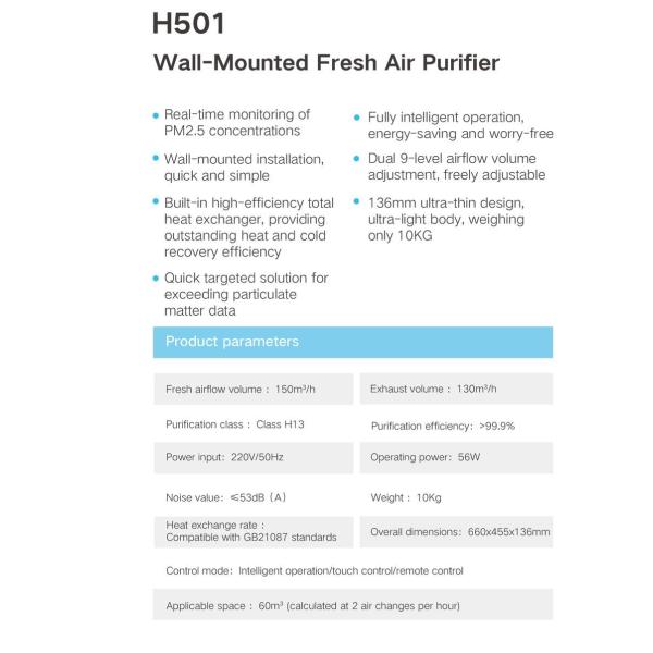 H501 Clase H13 Sistema de ventilación de pared con suministro de aire fresco