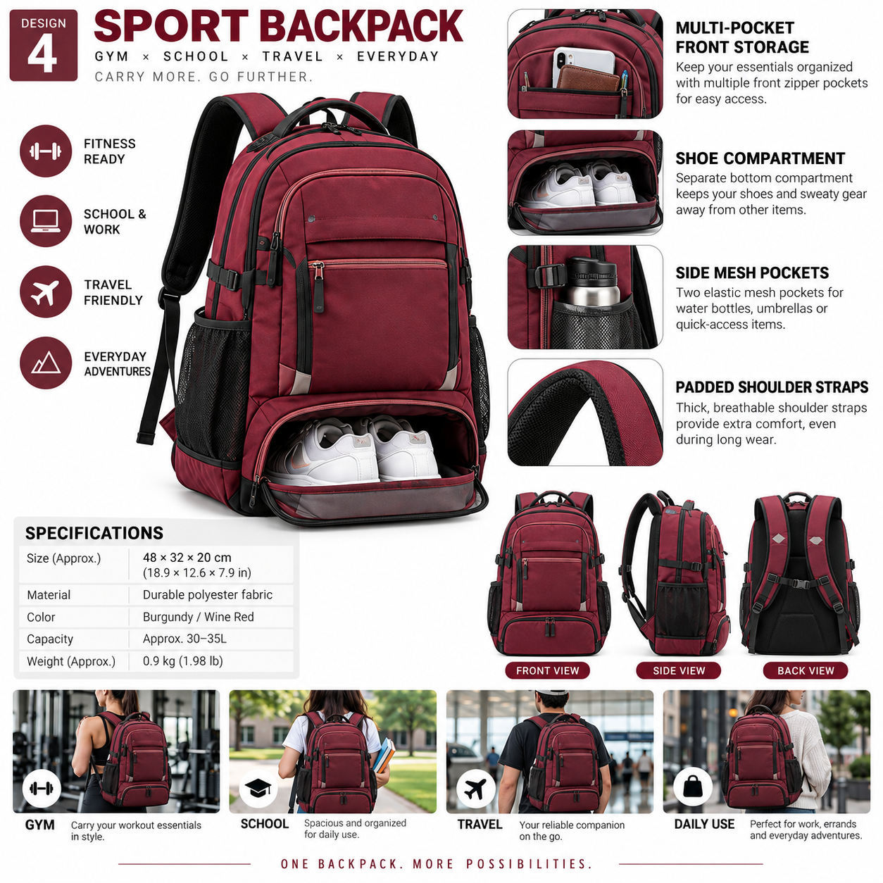 Custom Logo Bag Wholesale Travel Backpack with Shoe Compartment – Large Multi-Pocket Carry-On Backpack with Separate Shoe Storage, Side Mesh Pockets & Padded Shoulder Straps