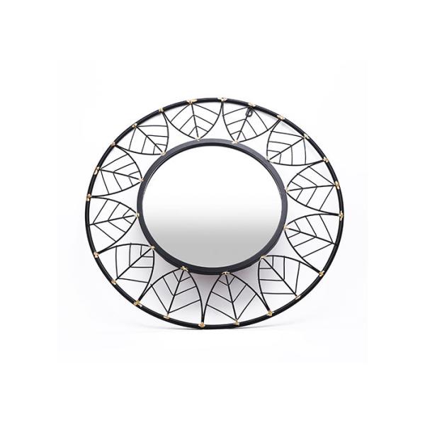 Black Round Frame Leaves Dotted With Gold Design Mirrored Metal Wall Art For Outdoor Indoor