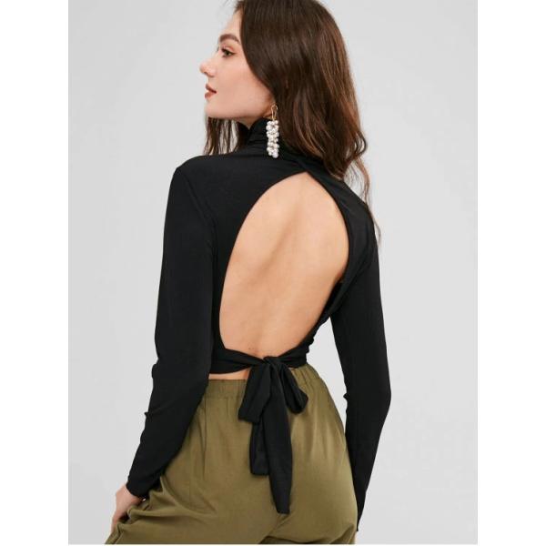 Blank Open Back Long Sleeve Ribbed Turtleneck Crop Top