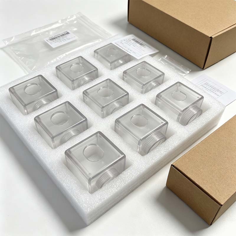 Custom CNC Machined Clear Acrylic Square Housing with Precision Milled Threads and High-Transparency for Flow Sensor Applications