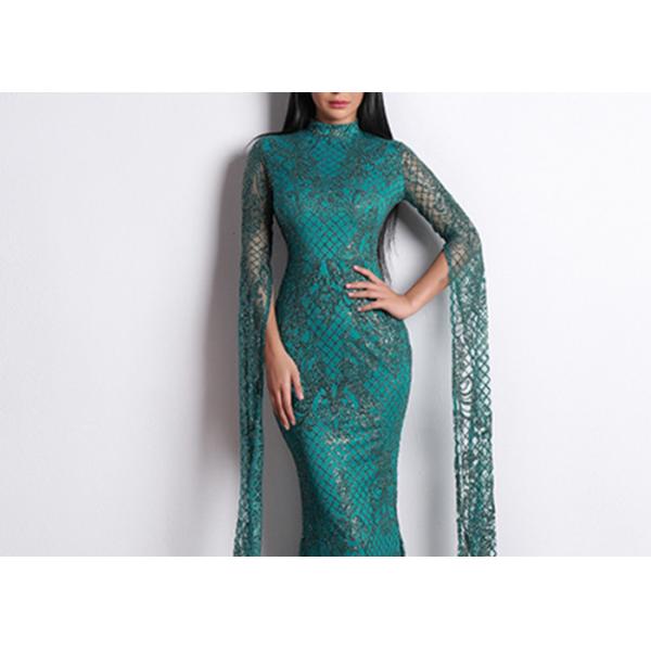 High Neck Mermaid Style Prom Dress Gold Dark Green Color Long Sleeve Lace Sequin