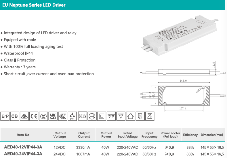 IP44 Waterproof Led Driver Slim Led Transformer 40w 24vdc