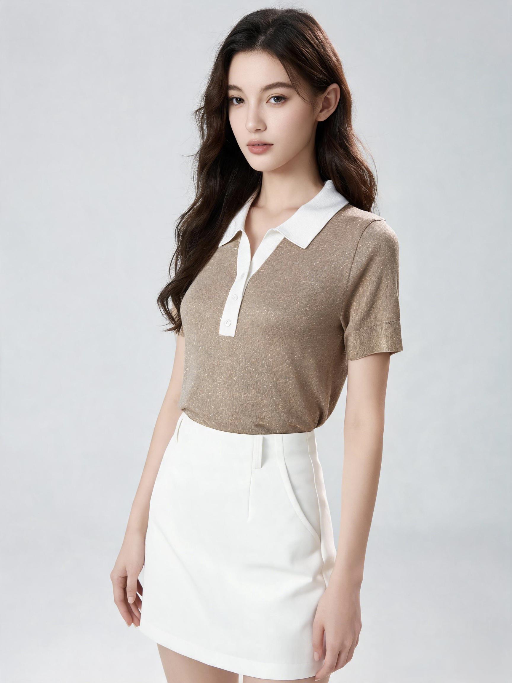 14G Computer Knitted Lightweight Polo Knit Top Women's Pullover