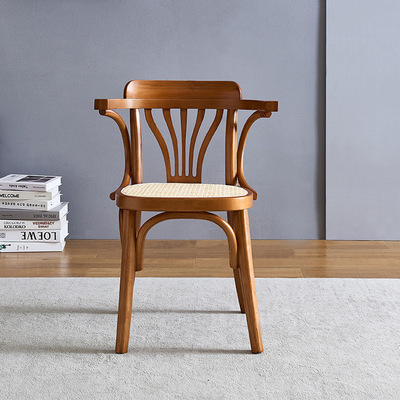 Modern Dining Chair Nature Rattan Coffee Chair Solid Wood Armrest Chairs