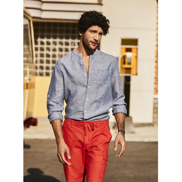 Multicolored Woven Custom Mens Casual Linen Shirts Banded Collar Standard Fit