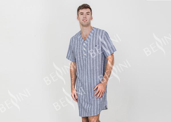 Stripeed Design Mens Short Sleeve Nightshirts Button Placket Embroidery Curved Hem