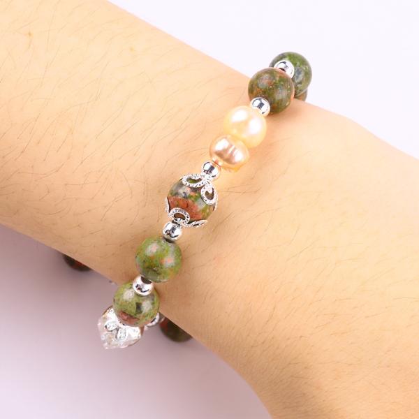 Unakite Stone And Pink Pearl With Star Charm Healing Balance Bead Bracelet For Jewelry Gift