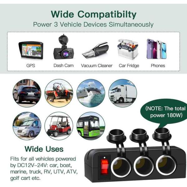 Adaptador cargador de encendedor de cigarrillos de 3 puertos 12V/24V con panel multifunción
