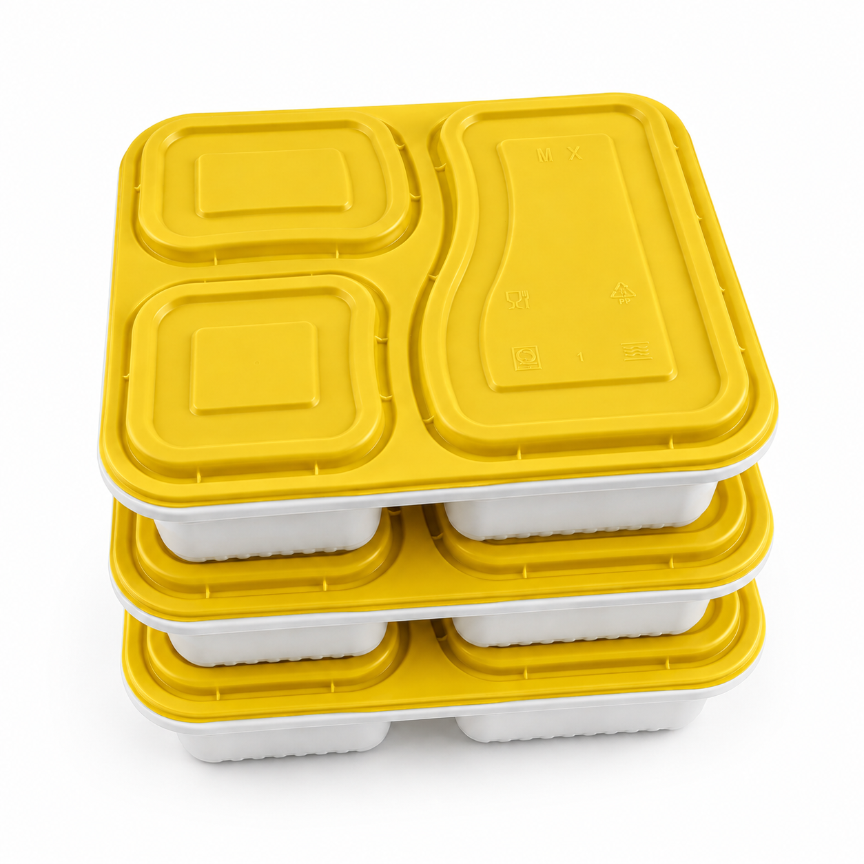 Three Compartment Snap Lock Bowls Meal Tray with Tamper Evident Yellow Lid