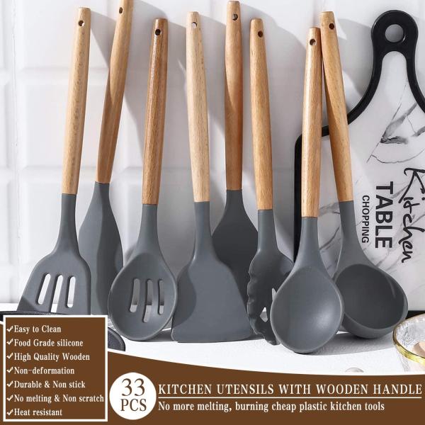 Stocked Silicone Kitchenware Cookware Sets With Wooden Handle Heat Resistant for OEM/ODM