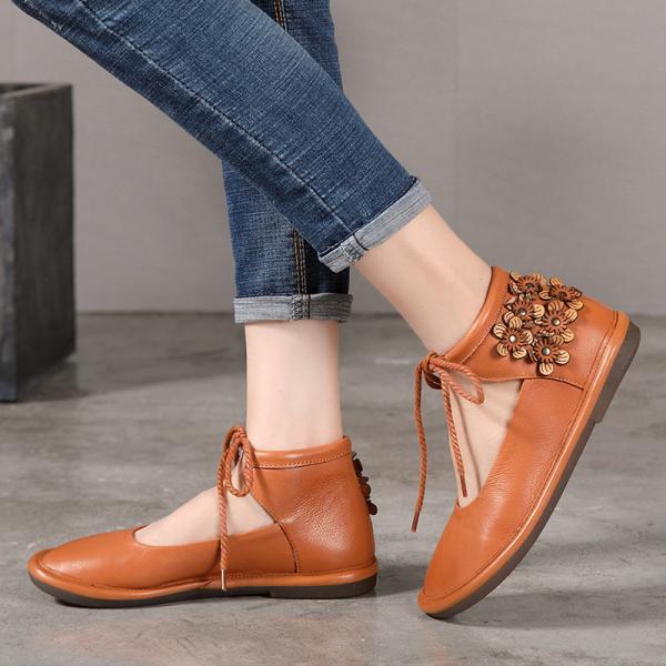 S139 2020 new handmade leather ankle straps fresh forest women's shoes flower retro ethnic style flat shoes