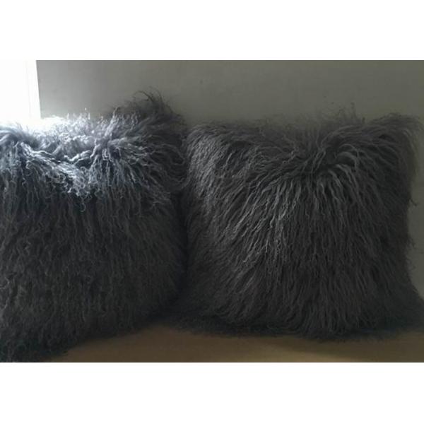 Mongolian fur pillow TIBETAN MONGOLIAN SHEEPSKIN FUR CUSHION BLACK - 45cm