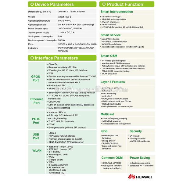 Диапазон Onu Ont Hg8245q2 Gpon двойной с 4ge 2voice 1usb 2wifi 2.4g/5g