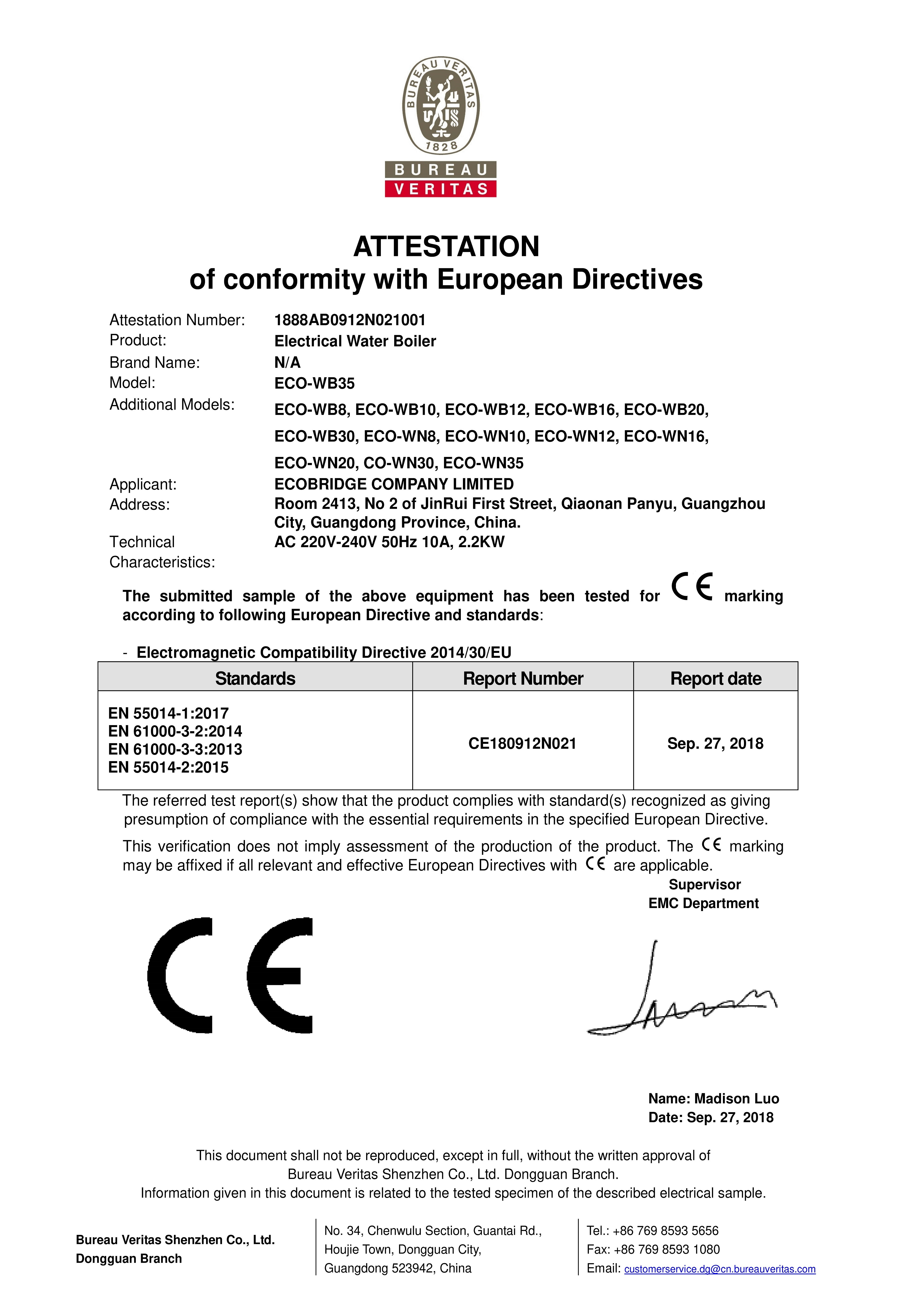 ECOBRIDGE COMPANY LIMITED Certifications