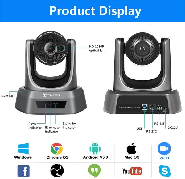 TONGVEO 3X Optical Zoom 1080P HD PTZ Camera For Skype / Zoom Video Conference