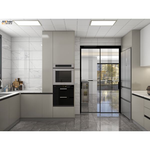 Modern L Shape Kitchen Cabinet with Resin Artificial Marble Wood Frame and Drawer Basket