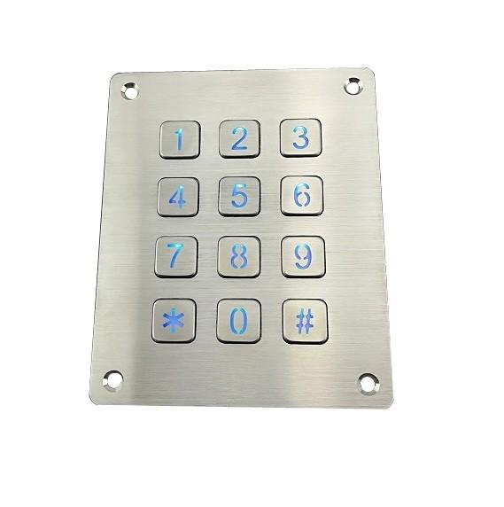 IP65 waterproof 3X4 panel mounted illuminated keypad with flat key buttons