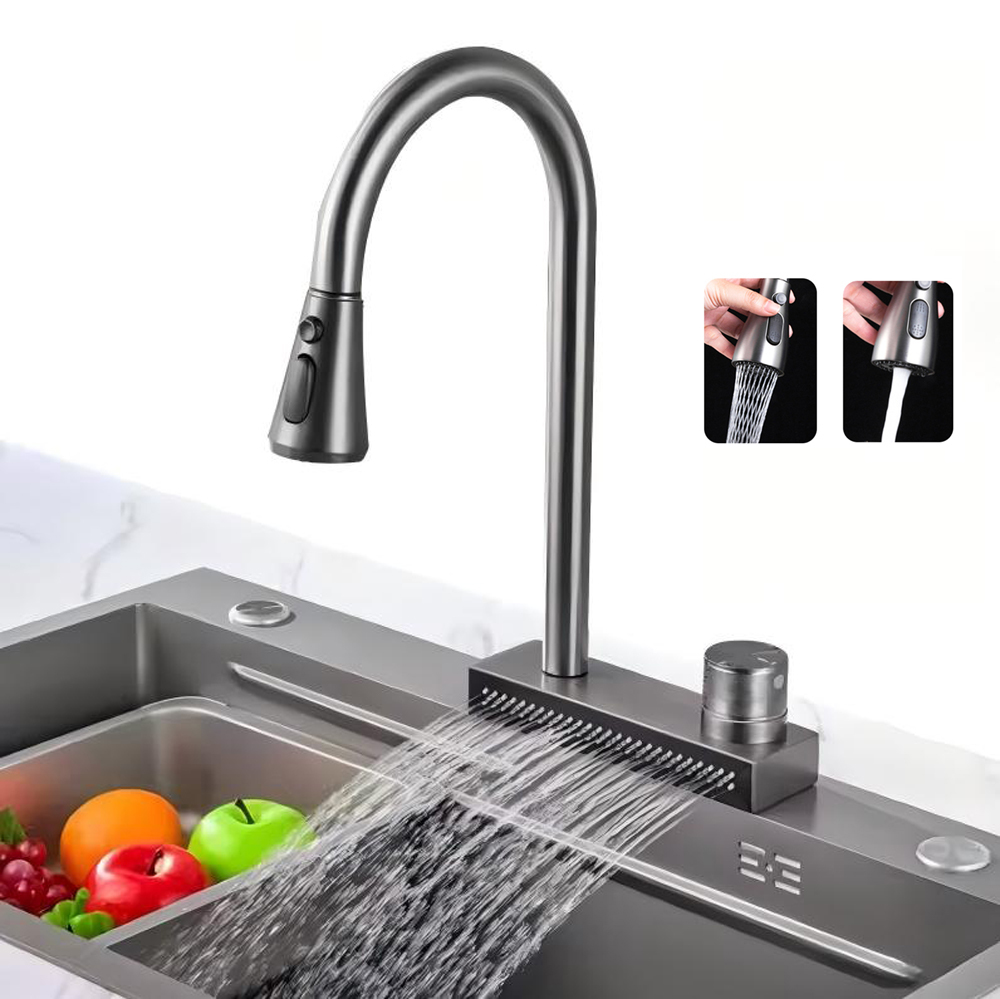 Popular Waterfall Faucet 304 Stainless Steel Hot And Cold Rainfall Kitchen Sink Water Taps Pull Out Spray Kitchen Sink Faucet