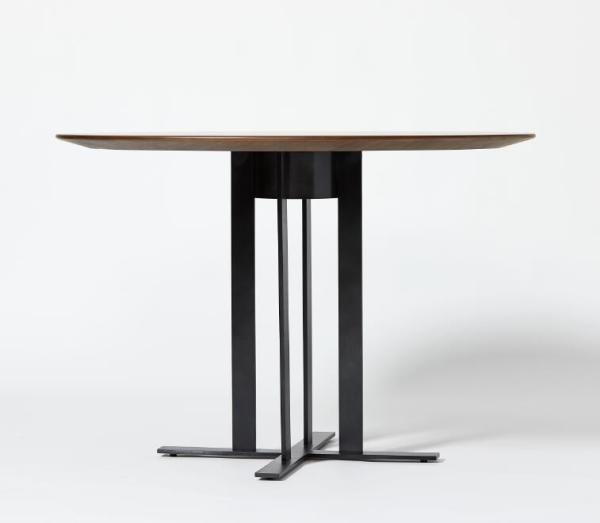 Walnut Wood Veneer Top Round Dining Room Table With Black Metal Base