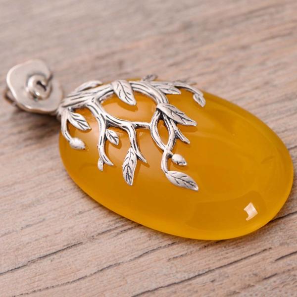Women Fashion Three Leaves 925 Sterling Silver Synthetic Yellow Chalcedony Pendant Necklace(N808064)