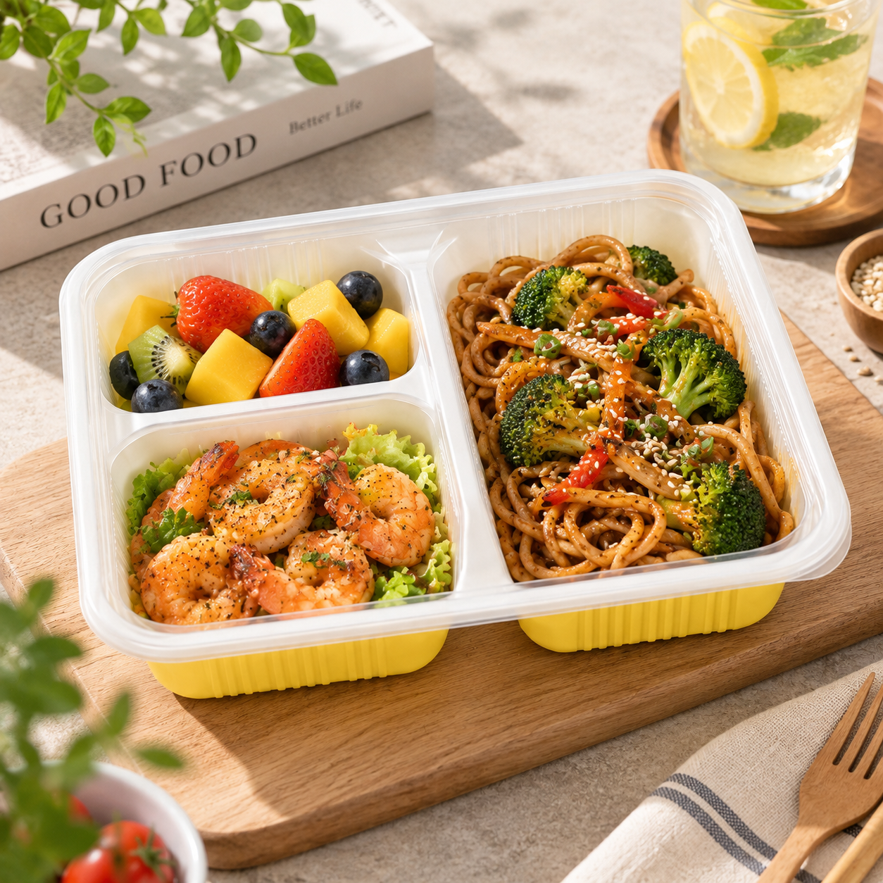 Clear Lid Multi Compartment Trays Three Section Yellow PP Food Container for Catering