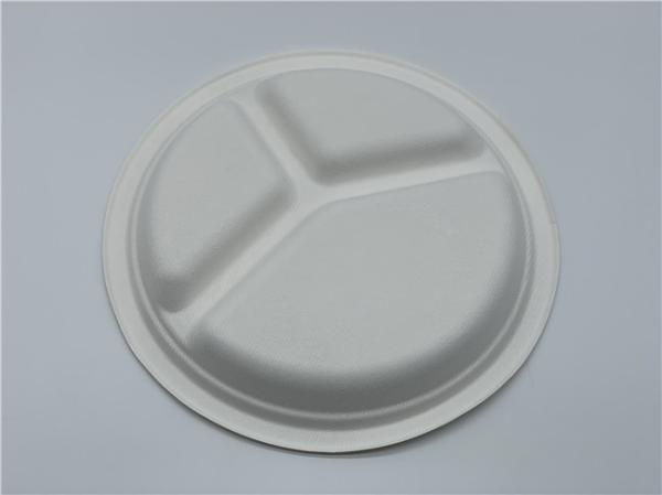 3 Compartment Round Disposable Dishes Biodegradable Sugarcane Bagasse 9inch 10inch Plates