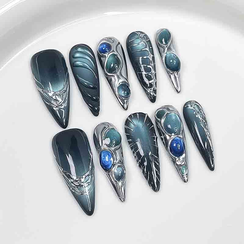 Reusable Cyber Nail Art Handmade Fake Nails Long Stiletto Teal Silver Design