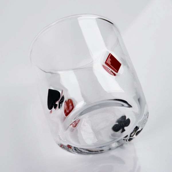 Hand Blown Poker Icon Whiskey Glass, 400ml Clear Tumbler With Heart, Spade, Club & Diamond Suits, Old Fashioned Glass For Whiskey, Cocktails, Juice
