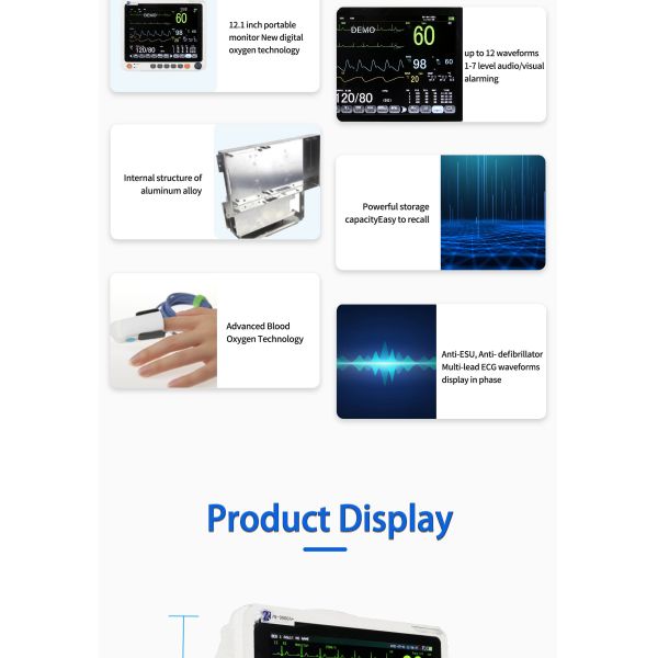 Monitor de paciente multiparamétrico con fuente de alimentación eléctrica, batería incorporada y alarma inteligente de tres niveles