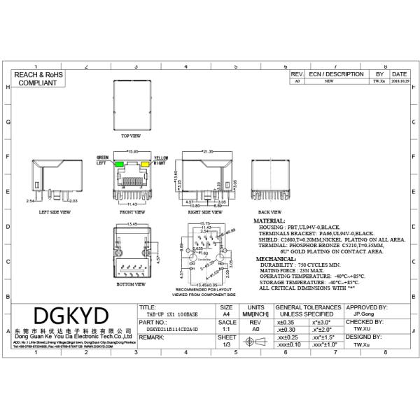 WIFI PCB RJ45 Modular Jack With Magnetics , LEDs And EMI Fingers OEM 90 Degree