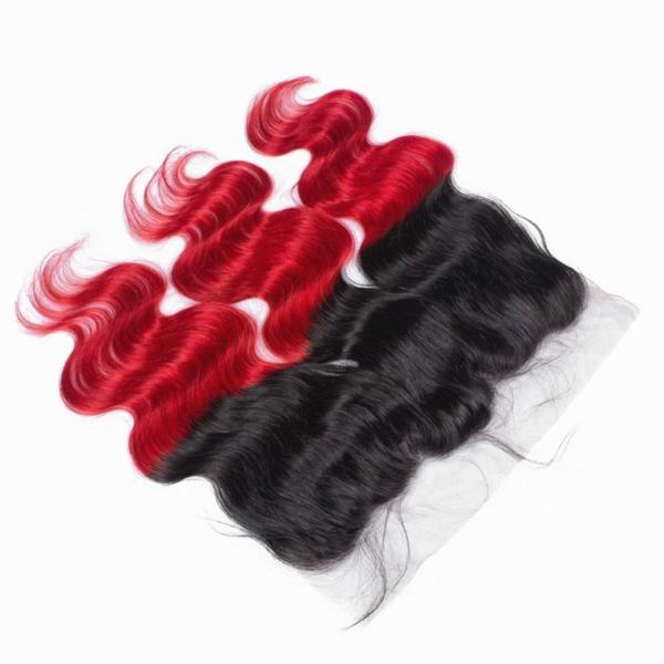 Pre-Colored Brazilian Human Hair Bundles With 13*4 Closure Human Hair Bundles With baby hair Closure 1B/Red