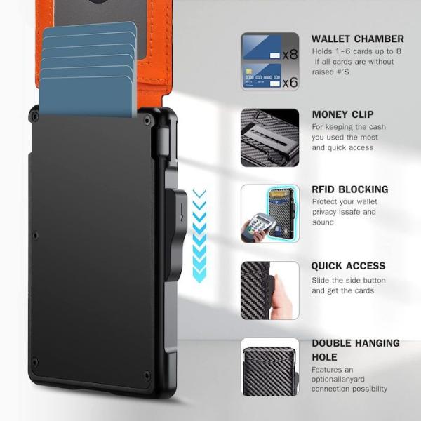 6 в 1 чёрный из углеродного волокна подлинная кожа многофункциональная алюминиевая карточка кошелек обратно с стальной монетой клип