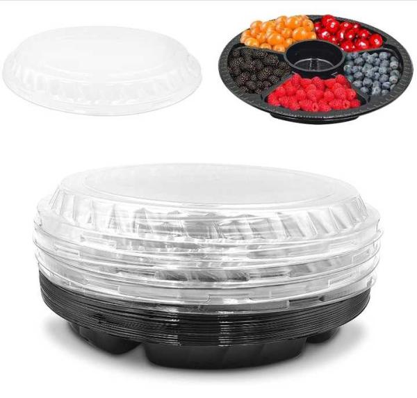 10 Inch Disposable Divided Plastic Food Tray Platter Appetizer Tray With Lid Round Plastic Serving Tray