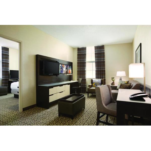 Hotel Executive Suite Bedroom Furniture Double Bed with TV storage Cabinets by Dark oak wood and Reception Living Sofa