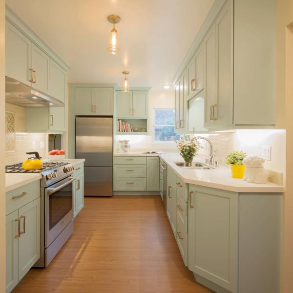 Factory Direct Full Set Furniture Matt Lacquer Mint Green Kitchen Cabinets With Golden Handles And Sink