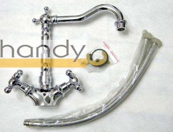 Brass Polished Chrome Kitchen Sink Water Faucet One Hole with Two Cross Handles for Home