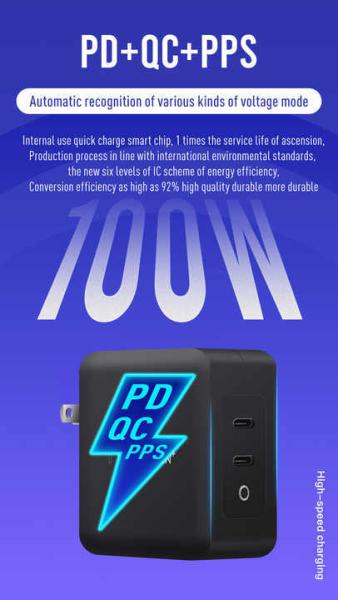 100W Dual USB-C Wall Charger with US Plug for Laptop and Phone