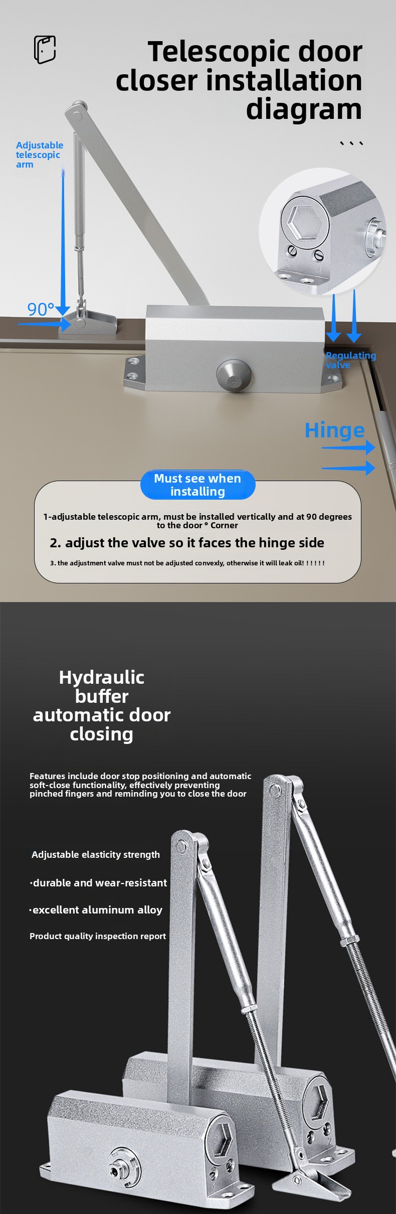 Hydraulic Buffer Aluminum Alloy Automatic Door Closer Dual Speed Xiongfeng XF-25030 2-Year Warranty 180 Opening Angle