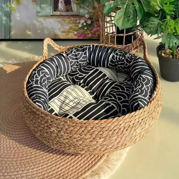 Removable Straw Pet Bed Warm Cat Rattan Bed Washable Four Seasons Universal