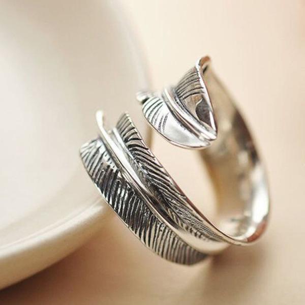 925 Silver Feather Ring Vintage Plume Adjustable Opening Band Ring (011231W)