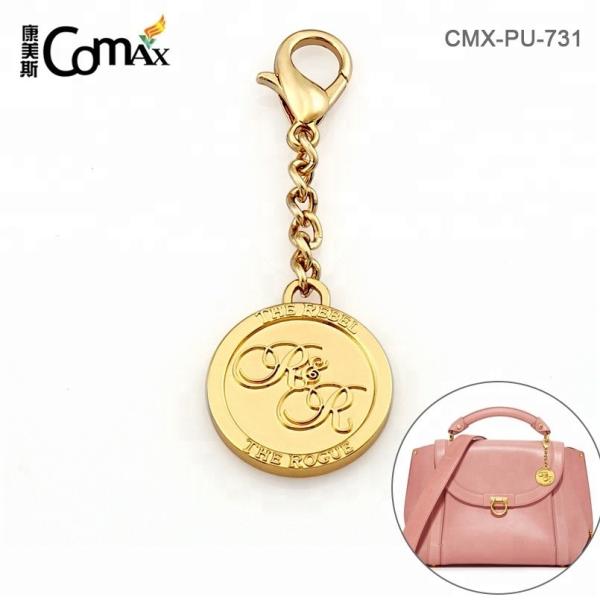 Handbag Metal Hang Label with Clasp Custom Gold Round Shape Embossed Logo and Hardware