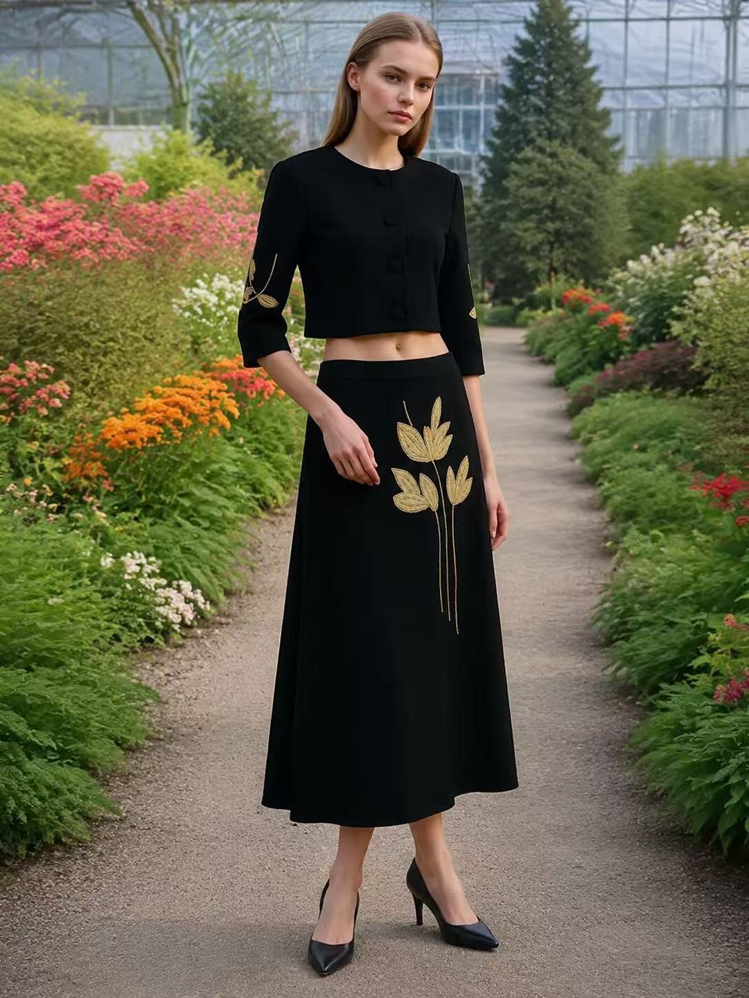 Women's Embroidered Crop Jacket & Skirt Set with Golden Leaf Embroidery High-Waisted Skirt and Polyester Blend Fabric