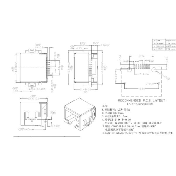 LCP SMT RJ45 женский Jack с тонуть сплавом плиты желтым латунным для разрешений сети