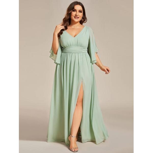 Plus Size A-line Half Sleeves V-neck Ruffled High Slit Purple Orchid Chiffon Evening Dress