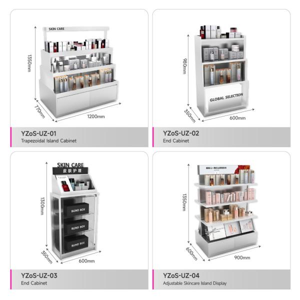 Skincare Promotional Display Table Gray Stainless Steel Premium Store Showcase For Skincare Store Design And Makeup Store Decoration