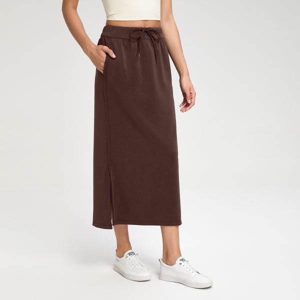Women's Cotton Blend Midi Skirt Elastic Waist Side Slit Chocolate Brown with Pockets